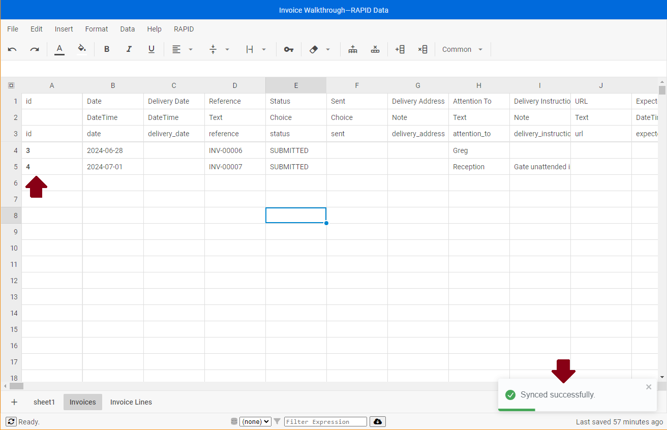 Data worksheet for invoices showing sync success toast and the new invoice IDs